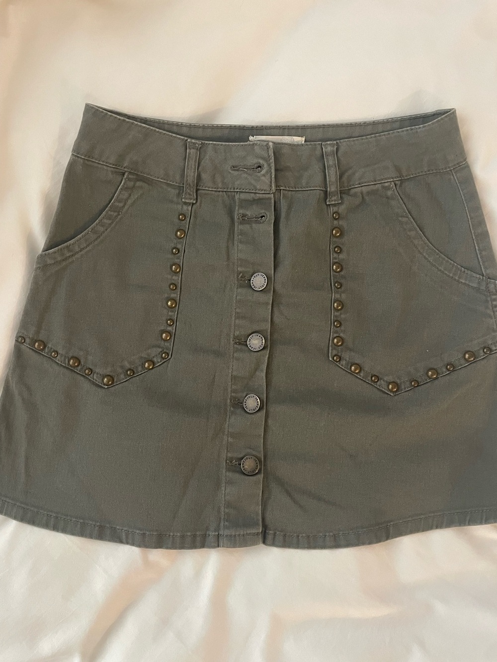 Jolt Button-Front Olive Green Mini Skirt with Stud Details